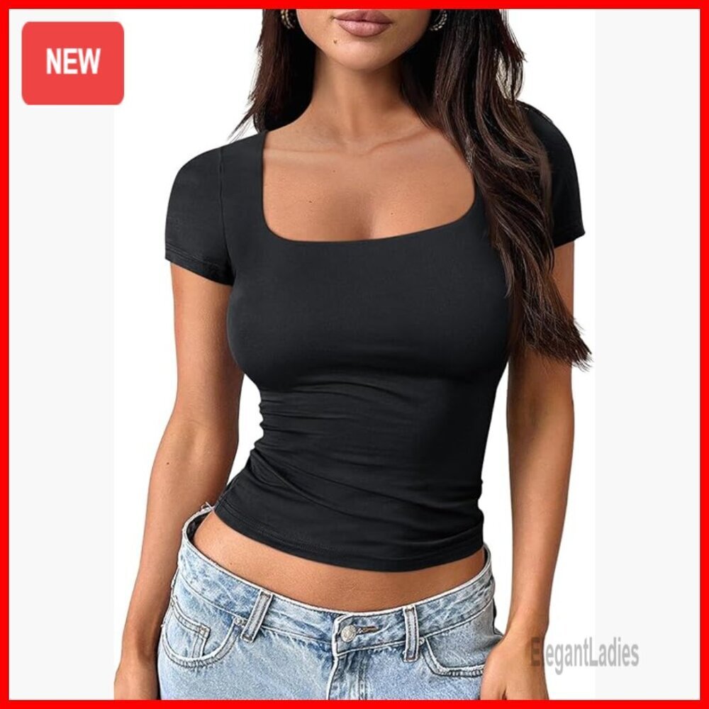 Double Lined Square Neck Crop Top Slim Fit Short Sleeve Tee